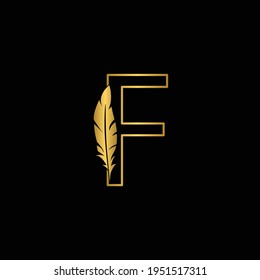 golden  letter F. feather letters. Vintage ornament initial Alphabet. Logo vector  