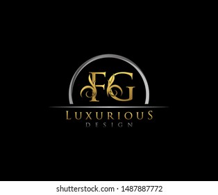 Golden letter F and G, FG, VINTAGE decorative ornament emblem badge, overlapping monogram logo, classy letter logo icon.