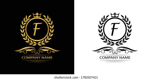 Golden Letter F laurel wreath template logo Luxury gold letter with crown. Monogram alphabet . Beautiful royal initials letter.	