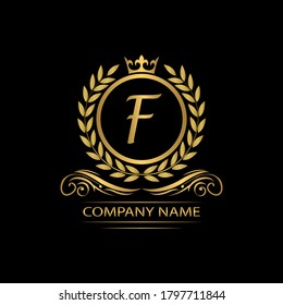 Golden Letter F laurel wreath template logo Luxury gold letter with crown. Monogram alphabet . Beautiful royal initials letter.	