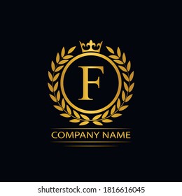 Golden Letter F laurel wreath template logo Luxury gold letter with crown. Monogram alphabet . Beautiful royal initials letter.	