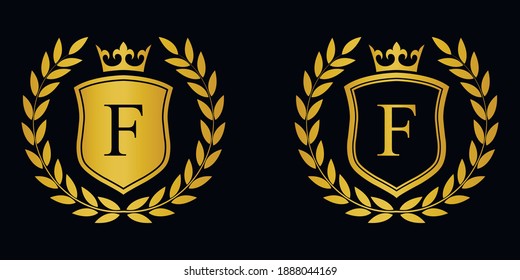 Golden Letter F laurel wreath template logo Luxury shield letter with crown. Monogram alphabet . Beautiful royal initials letter.