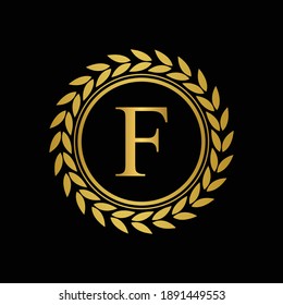 Golden Letter F laurel wreath template logo Luxury gold letter with crown. Monogram alphabet . Beautiful royal initials letter.	