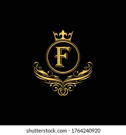 Golden letter F logo Luxury letter with crown.  Monogram alphabet . Beautiful royal initials letter. template logo for design 
