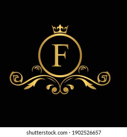 Golden letter F logo Luxury letter with crown.  Monogram alphabet . Beautiful royal initials letter. template logo for design 
