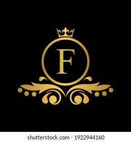 Golden letter F logo Luxury letter with crown.  Monogram alphabet . Beautiful royal initials letter. template logo for design 
