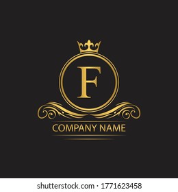 Golden letter F template  logo Luxury letter with crown.  Monogram alphabet . Beautiful royal initials letter.