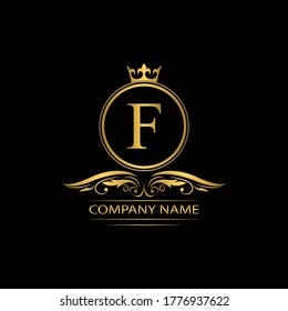 Golden letter F template logo Luxury letter with crown. Monogram alphabet . Beautiful royal initials letter.	
