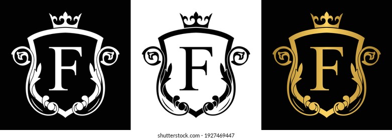 Golden Letter F template logo Luxury shield letter with crown. Monogram alphabet . Beautiful royal initials letter.