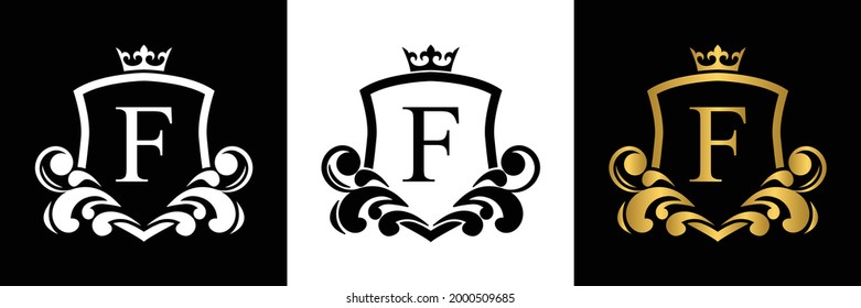 Golden Letter F template logo Luxury shield letter with crown. Monogram alphabet . Beautiful royal initials letter.