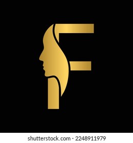 golden letter F  woman face vector template logo beauty salon 