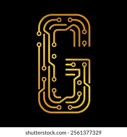 Golden Letter G with Electronic Circuit Lines and Dots on a Black Background, Suitable for Technology and Communication Concepts