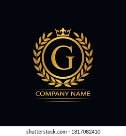 Golden Letter G laurel wreath template logo Luxury gold letter with crown. Monogram alphabet . Beautiful royal initials letter.	