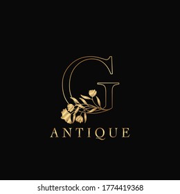 Golden Letter G Luxury Flowers Initial Logo Template Design. Monogram antique ornate nature floral leaf with initial letter.