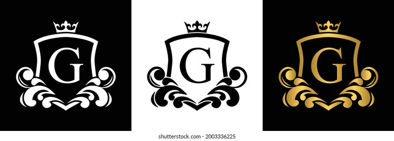 Golden Letter G template logo Luxury shield letter with crown. Monogram alphabet . Beautiful royal initials letter.