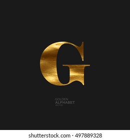 Golden Letter G. Typographic vector element for design. Part of glow golden painted alphabet. Letter G with golden paint texture. Vector illustration