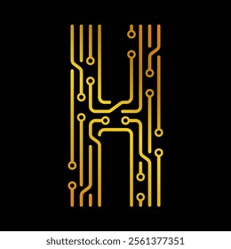 Golden Letter H with Electronic Circuit Lines and Dots on a Black Background, Suitable for Technology and Communication Concepts