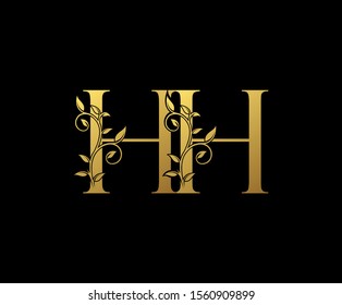 Golden letter H, HH Vintage Gold Floral Logo Icon, overlapping monogram logo, elegant luxury gold color on black background. Classy Letter Logo Icon.