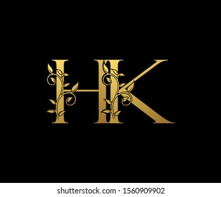 Golden letter H, K and HK Vintage Gold Floral Logo Icon, overlapping monogram logo, elegant luxury gold color on black background. Classy Letter Logo Icon.