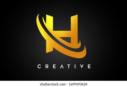 Golden Letter H Logo. H Letter Design Vector with Golden Gray Swash Vector Illustration.