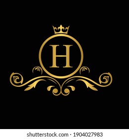 Golden letter H logo Luxury letter with crown.  Monogram alphabet . Beautiful royal initials letter. template logo for design 
