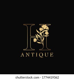 Golden Letter H Luxury Flowers Initial Logo Template Design. Monogram antique ornate nature floral leaf with initial letter.