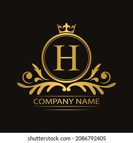 Golden letter H template logo Luxury gold letter with crown. Monogram alphabet . Beautiful royal initials letter.	