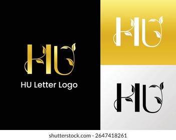 Letra Dourada HU Logo de Luxo, logotipo de iniciais, Vintage Gold HU Letter Logo Design