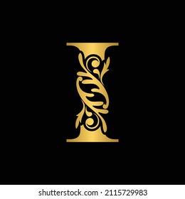 Golden letter I. Gold  flower  letters. Vintage ornament initial Alphabet. Logo vector 
