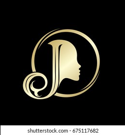 Golden letter J and beautiful woman portrait forming a circular decorative sign.Cosmetics and beauty vector icon.