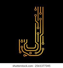 Golden Letter J with Electronic Circuit Lines and Dots on a Black Background, Suitable for Technology and Communication Concepts