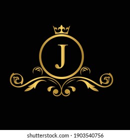 Golden letter J  logo Luxury letter with crown.  Monogram alphabet . Beautiful royal initials letter. template logo for design 
