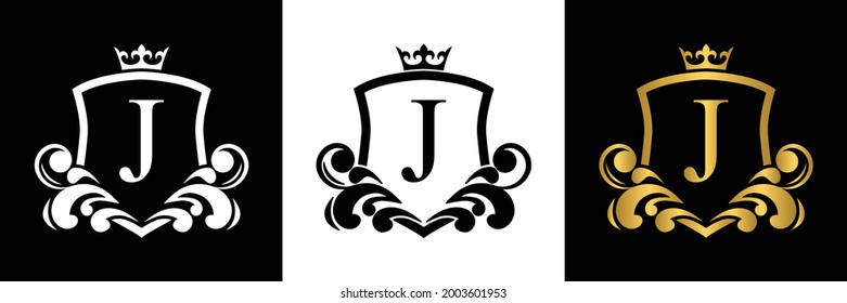 Golden Letter J template logo Luxury shield letter with crown. Monogram alphabet . Beautiful royal initials letter.
