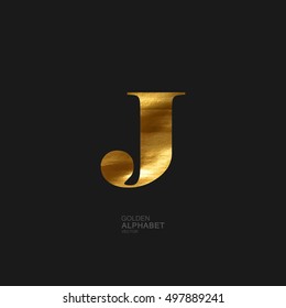 Golden Letter J. Typographic vector element for design. Part of glow golden painted alphabet. Letter J with golden paint texture. Vector illustration