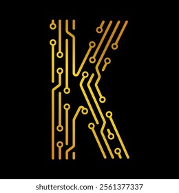 Golden Letter K with Electronic Circuit Lines and Dots on a Black Background, Suitable for Technology and Communication Concepts