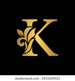 golden letter K flower letters. Vintage ornament initial Alphabet. Logo vector	