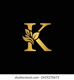 golden letter K flower letters. Vintage ornament initial Alphabet. Logo vector	