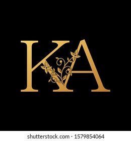 Golden Letter K, A KA Luxury  Logo Icon, vintage design concept floral leaves with letter K and A, KA gold color for initial, luxuries business, hotel, wedding service and more brand identity.