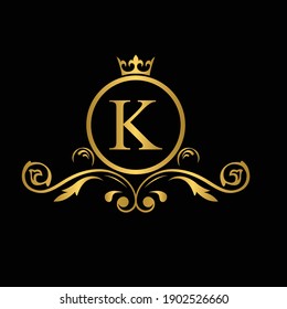 Golden letter K logo Luxury letter with crown.  Monogram alphabet . Beautiful royal initials letter. template logo for design 
