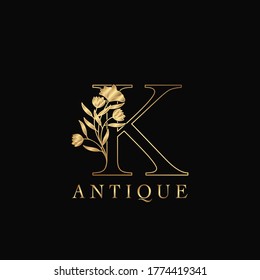 Golden Letter K Luxury Flowers Initial Logo Template Design. Monogram antique ornate nature floral leaf with initial letter.