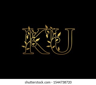 Golden  letter K, U and KU  Vintage Gold Floral Logo Icon, overlapping monogram logo, elegant luxury gold color on black background. CLassy Letter Logo Icon.