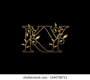 Golden  letter K, Y and KY  Vintage Gold Floral Logo Icon, overlapping monogram logo, elegant luxury gold color on black background. CLassy Letter Logo Icon.