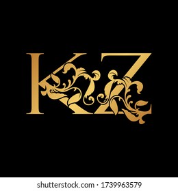 Golden Letter K and Z, KZ luxury Initial logo icon, gold vintage design template with tropical nature leaves ornamet.