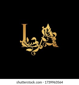 Golden Letter L and AZ, LA luxury Initial logo icon, gold vintage design template with tropical nature leaves ornamet.