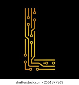 Golden Letter L with Electronic Circuit Lines and Dots on a Black Background, Suitable for Technology and Communication Concepts