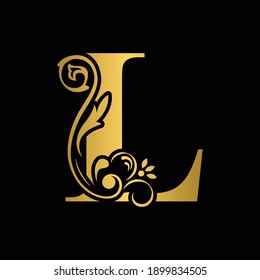 golden  letter L. flower  letters. Vintage ornament initial Alphabet. Logo vector 
