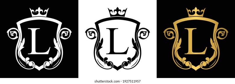 Golden Letter L template logo Luxury shield letter with crown. Monogram alphabet . Beautiful royal initials letter.