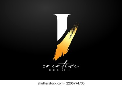 Golden Letter I logo desgn with Artistic Colorful Blue Purple Paintbrush Stroke Vector. Elegant Initial Modern I Logo Icon Idea with Serif Font Vector Illustration.