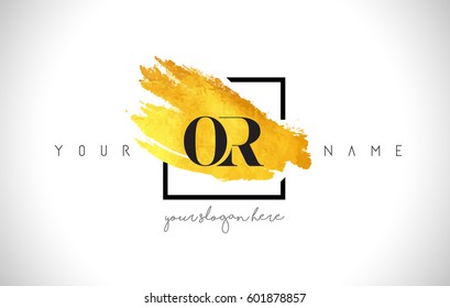 OR Golden Letter Logo Design with Creative Gold Brush Stroke and Black Frame.