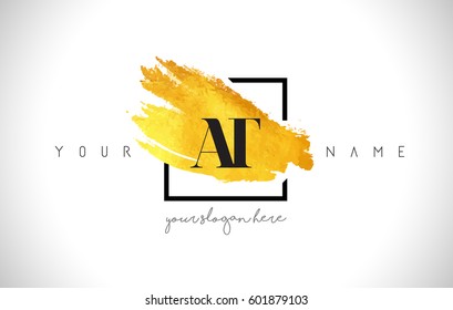 AT Golden Letter Logo Design with Creative Gold Brush Stroke and Black Frame.